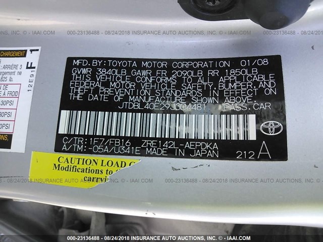 JTDBL40E29J004481 - 2009 TOYOTA COROLLA LE/XLE 银色 照片 9