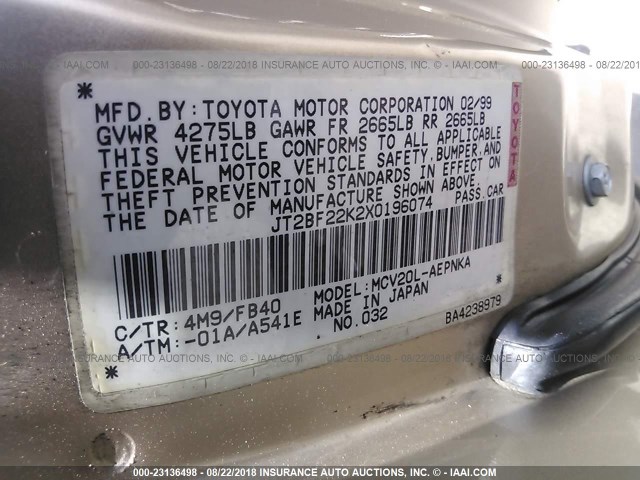 JT2BF22K2X0196074 - 1999 TOYOTA CAMRY LE/XLE 棕色 照片 9