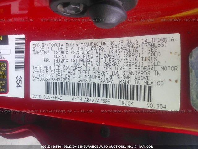 3TMJU62N28M070581 - 2008 TOYOTA TACOMA DOUBLE CAB PRERUNNER RED photo 9