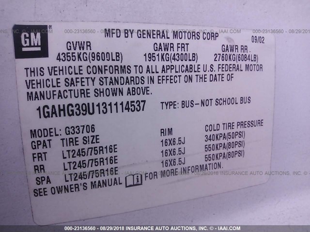 1GAHG39U131114537 - 2003 CHEVROLET EXPRESS G3500  WHITE photo 9