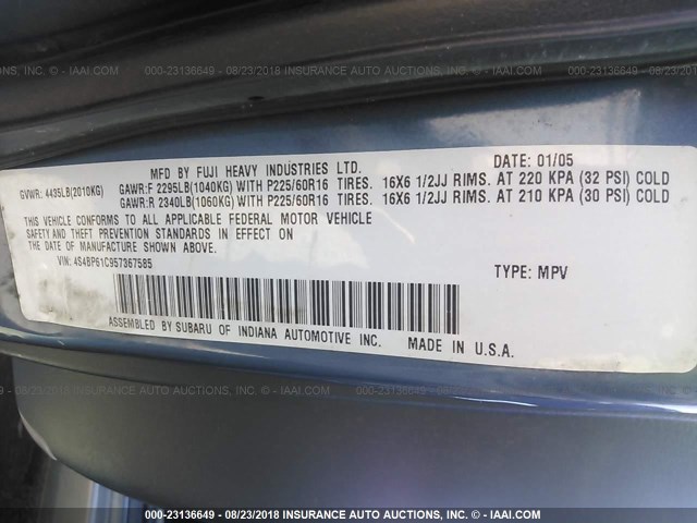 4S4BP61C957367585 - 2005 SUBARU LEGACY OUTBACK 2.5I BLUE photo 9