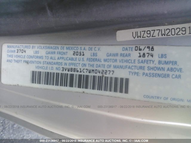 3VWBB61C7WM042277 - 1998 VOLKSWAGEN NEW BEETLE SILVER photo 9