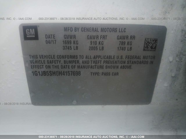 1G1JB5SH0H4157698 - 2017 CHEVROLET SONIC LS 白色 照片 9