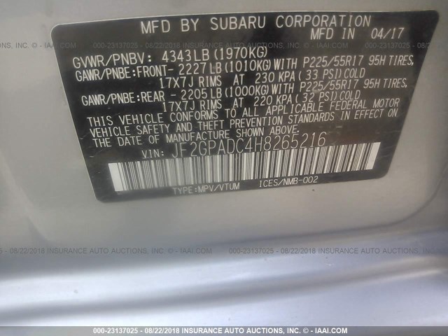 JF2GPADC4H8265216 - 2017 SUBARU CROSSTREK PREMIUM ვერცხლისფერი ფოტო 9