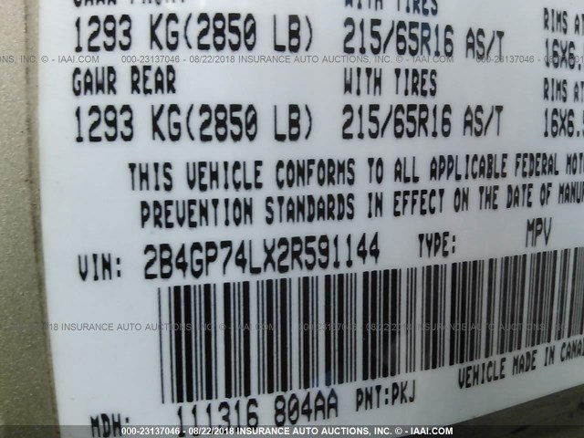 2B4GP74LX2R591144 - 2002 DODGE GRAND CARAVAN EX GOLD photo 9