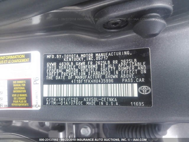 4T1BF1FK4HU435996 - 2017 TOYOTA CAMRY LE/XLE/SE/XSE 灰色 照片 9
