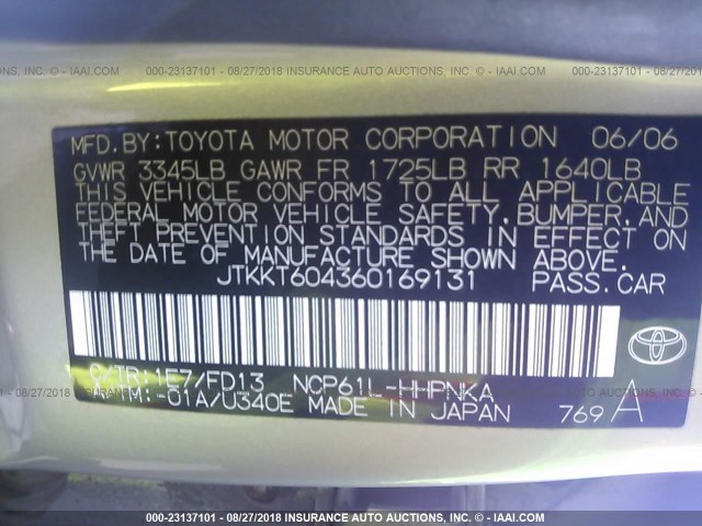 JTKKT604360169131 - 2006 TOYOTA SCION XA SILVER photo 9