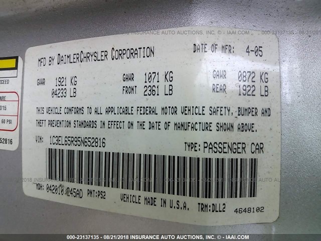 1C3EL65R95N652816 - 2005 CHRYSLER SEBRING LIMITED SILVER photo 9