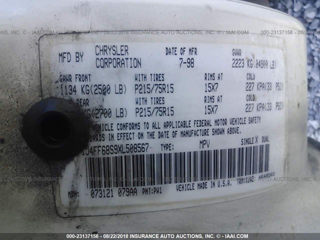 1J4FF68S9XL508567 - 1999 JEEP CHEROKEE SPORT/CLASSIC თეთრი ფოტო 9