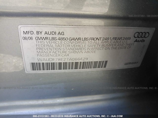 WAUDF78E27A066429 - 2007 AUDI A4 2.0T QUATTRO GRAY photo 9