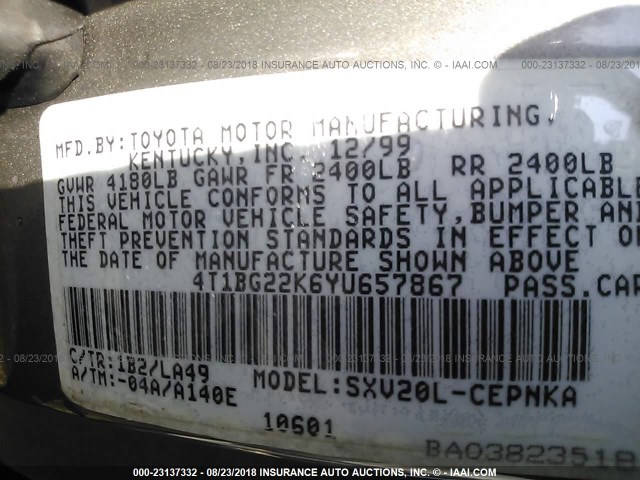 4T1BG22K6YU657867 - 2000 TOYOTA CAMRY CE/LE/XLE 灰色 照片 9