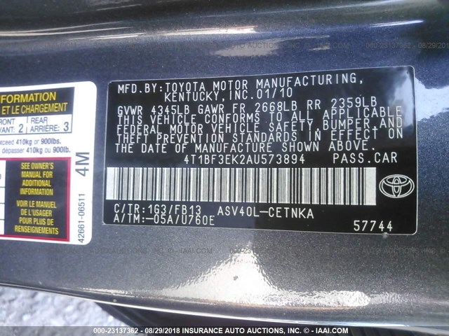 4T1BF3EK2AU573894 - 2010 TOYOTA CAMRY SE/LE/XLE ნაცრისფერი ფოტო 9