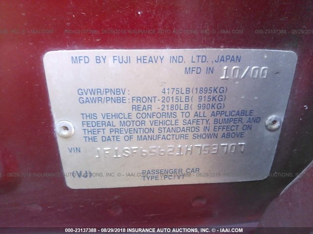 JF1SF65621H753707 - 2001 SUBARU FORESTER S RED photo 9