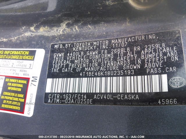 4T1BE46K18U235193 - 2008 TOYOTA CAMRY CE/LE/XLE/SE GRAY photo 9