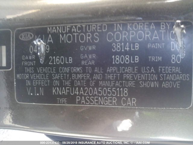 KNAFU4A20A5055118 - 2010 KIA FORTE EX GRAY photo 9