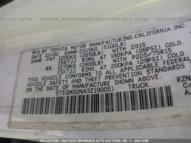 5TEGM92N43Z190051 - 2003 TOYOTA TACOMA DOUBLE CAB PRERUNNER WHITE photo 9