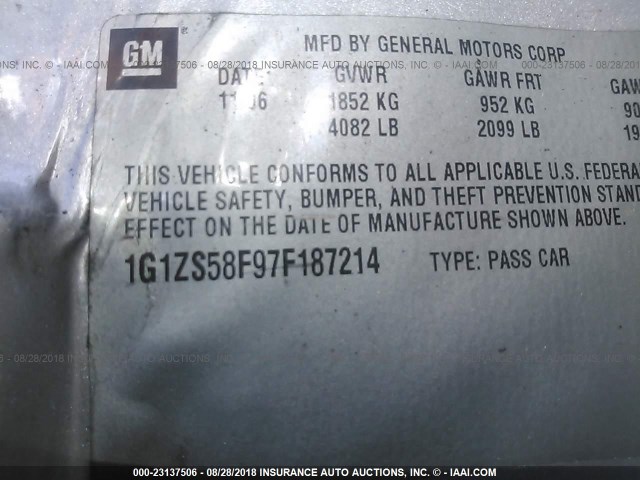 1G1ZS58F97F187214 - 2007 CHEVROLET MALIBU LS Boz foto 9