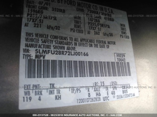 5LMFU28R72LJ00166 - 2002 LINCOLN NAVIGATOR Altın fotoğraf 9