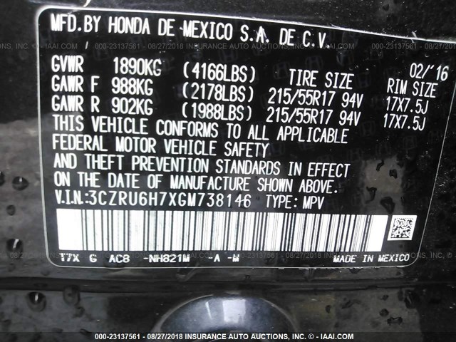 3CZRU6H7XGM738146 - 2016 HONDA HR-V EXL GRAY photo 9