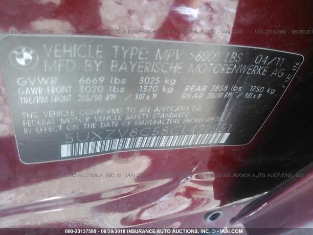 5UXZV8C58CL422551 - 2012 BMW X5 XDRIVE50I Czerwony zdjęcie 9