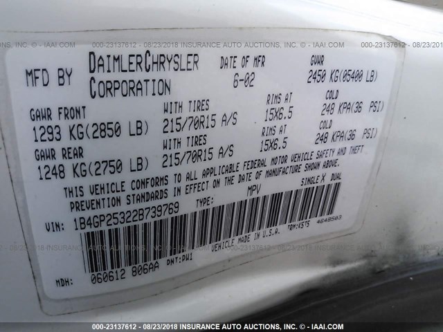 1B4GP25322B739769 - 2002 DODGE CARAVAN SE WHITE photo 9