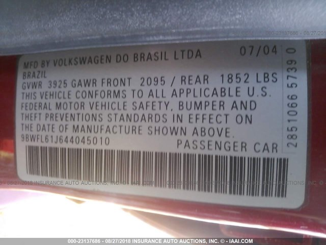 9BWFL61J644045010 - 2004 VOLKSWAGEN GOLF GL RED photo 9