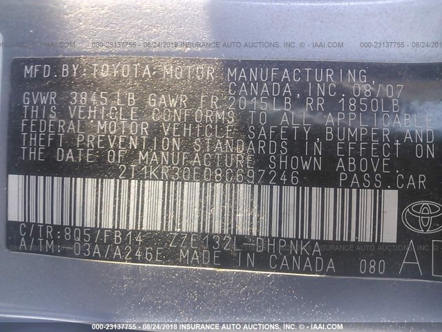 2T1KR30E08C697246 - 2008 TOYOTA COROLLA MATRIX XR BLUE photo 9