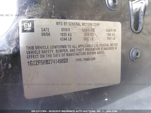 1G2ZF58B274149820 - 2007 PONTIAC G6 VALUE LEADER/BASE BLACK photo 9