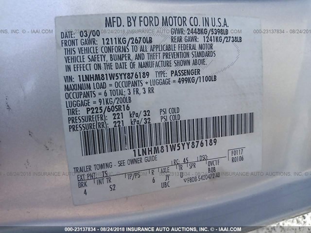 1LNHM81W5YY876189 - 2000 LINCOLN TOWN CAR EXECUTIVE SILVER photo 9