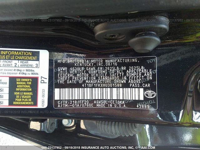 4T1BF1FKXHU301588 - 2017 TOYOTA CAMRY LE/XLE/SE/XSE BLACK photo 9