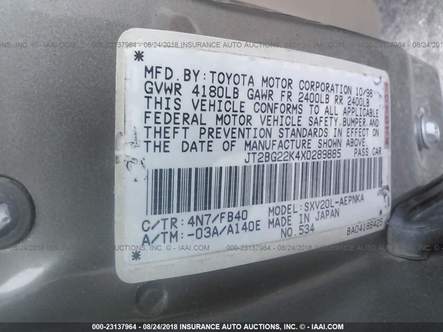 JT2BG22K4X0289885 - 1999 TOYOTA CAMRY LE/XLE 棕色 照片 9