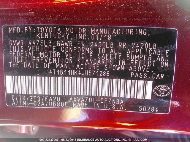 4T1B11HK4JU571286 - 2018 TOYOTA CAMRY L/LE/XLE/SE/XSE RED photo 9