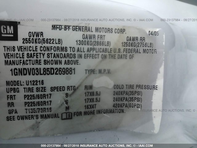 1GNDV03L85D269881 - 2005 CHEVROLET UPLANDER WHITE photo 9