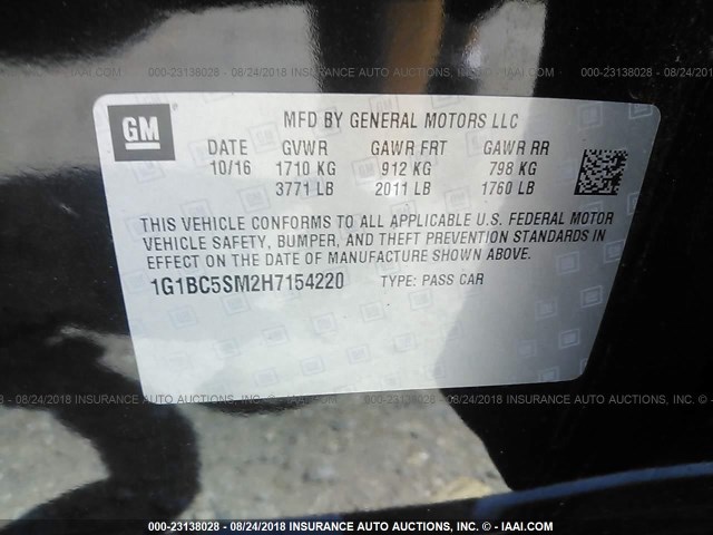 1G1BC5SM2H7154220 - 2017 CHEVROLET CRUZE LS შავი ფოტო 9