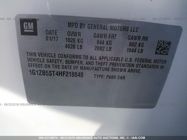 1G1ZB5ST4HF218840 - 2017 CHEVROLET MALIBU LS 白色 照片 9