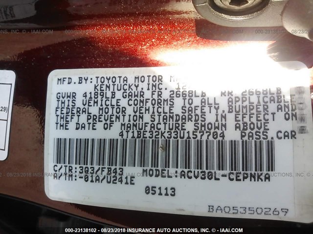 4T1BE32K33U157704 - 2003 TOYOTA CAMRY LE/XLE/SE Tünd qırmızı foto 9