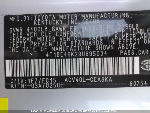 4T1BE46K29U895034 - 2009 TOYOTA CAMRY SE/LE/XLE 银色 照片 9