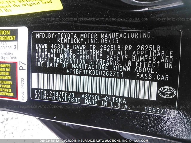 4T1BF1FK0DU262701 - 2013 TOYOTA CAMRY L/SE/LE/XLE 黑色 照片 9