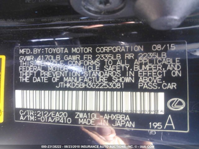 JTHKD5BH3G2253081 - 2016 LEXUS CT 200 BLACK photo 9