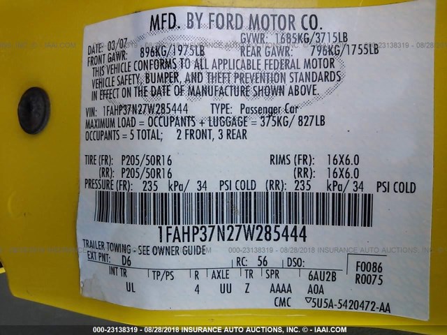 1FAHP37N27W285444 - 2007 FORD FOCUS ZX5/S/SE/SES YELLOW photo 9