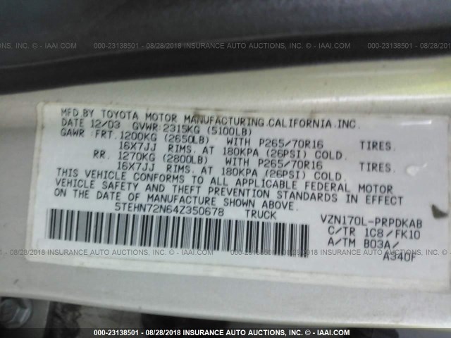 5TEHN72N64Z350678 - 2004 TOYOTA TACOMA DOUBLE CAB 灰色 照片 9