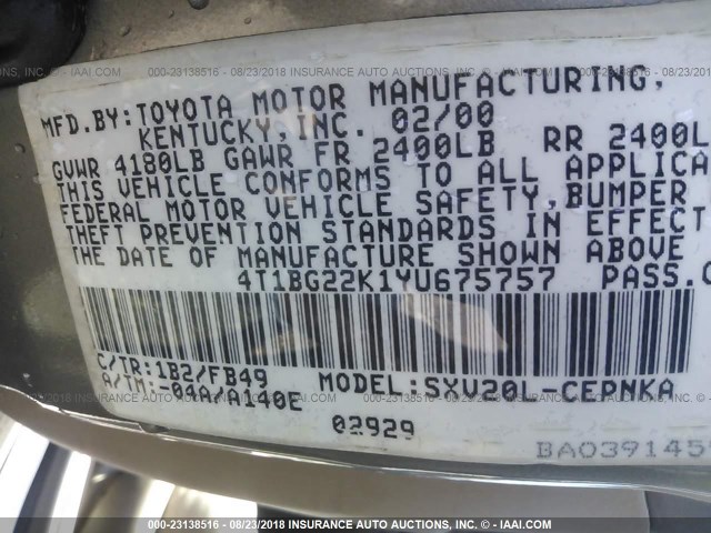 4T1BG22K1YU675757 - 2000 TOYOTA CAMRY CE/LE/XLE 香槟色 照片 9