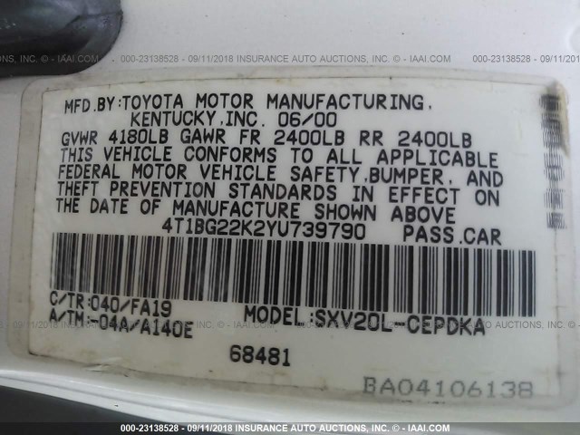 4T1BG22K2YU739790 - 2000 TOYOTA CAMRY CE/LE/XLE 白色 照片 9