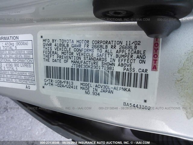 JTDBE30K230171981 - 2003 TOYOTA CAMRY LE/XLE SILVER photo 9