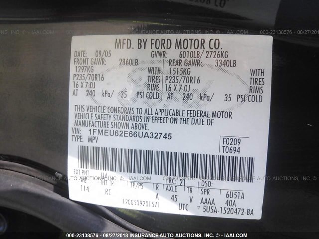 1FMEU62E66UA32745 - 2006 FORD EXPLORER XLS BLACK photo 9