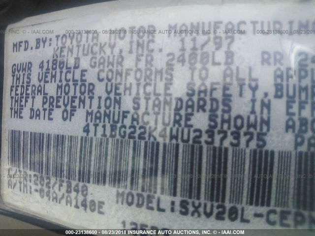 4T1BG22K4WU237375 - 1998 TOYOTA CAMRY CE/LE/XLE 黑色 照片 9