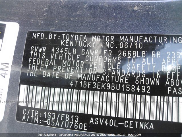 4T1BF3EK9BU158492 - 2011 TOYOTA CAMRY SE/LE/XLE 灰色 照片 9