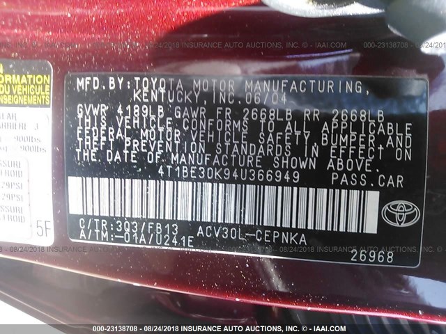 4T1BE30K94U366949 - 2004 TOYOTA CAMRY LE/XLE/SE Қызыл фото 9