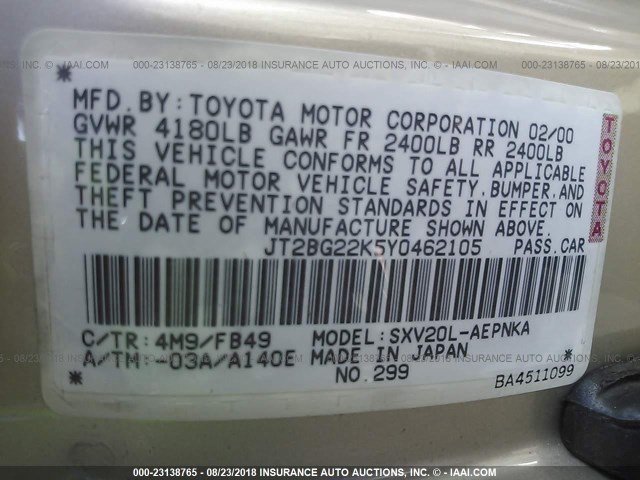 JT2BG22K5Y0462105 - 2000 TOYOTA CAMRY CE/LE/XLE 金色 照片 9