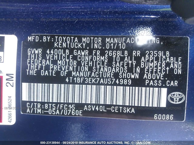 4T1BF3EK7AU574989 - 2010 TOYOTA CAMRY SE/LE/XLE ლურჯი ფოტო 9